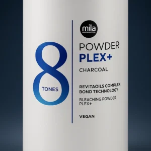 Mila Professional POWDER PLEX+ bleaching powder – white 500g container with blue “8 Tones” label, featuring Bond Technology, RevitaOils Complex and activated charcoal.