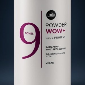 Mila Professional POWDER WOW+ bleaching powder – white 500g container with magenta “9 Tones” label, featuring bond-care keratin, baobab oil, blue pigment and vegan formula.