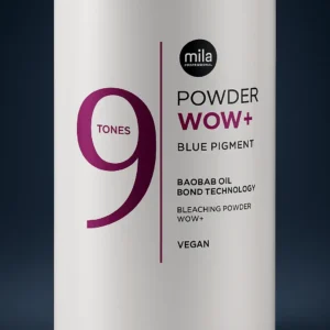 Mila Professional POWDER PLEX+ bleaching powder – white 500g container with blue “8 Tones” label, featuring Bond Technology, RevitaOils Complex and activated charcoal.