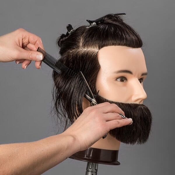 Illustration of the hair and beard length distribution on the L’IMAGE David 1209B men’s mannequin head, displaying sections ranging from 15 cm to 20 cm for barber cutting and beard styling practice.