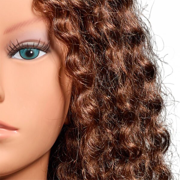 Curly hair texture detail on L’IMAGE Coco 1315WT dark blonde training head