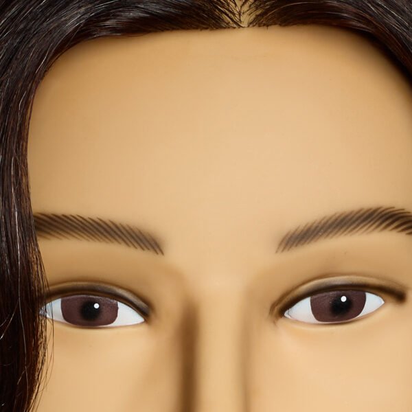 Close-up of L’IMAGE Max 1213WB barber mannequin head showing realistic facial features and human hair