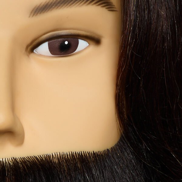 Close-up of L’IMAGE Max 1213WB beard mannequin head showing realistic beard hair for barber training