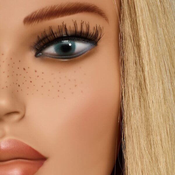 Close-up of L’IMAGE Liz 2608 mannequin head with platinum blonde human hair, freckles and lashes