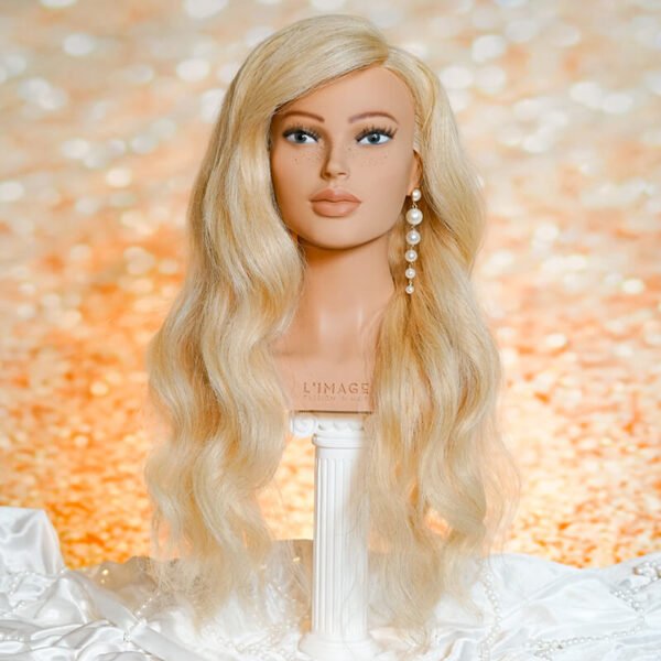 L’IMAGE Liz 2608 platinum blonde human hair mannequin head styled with long waves